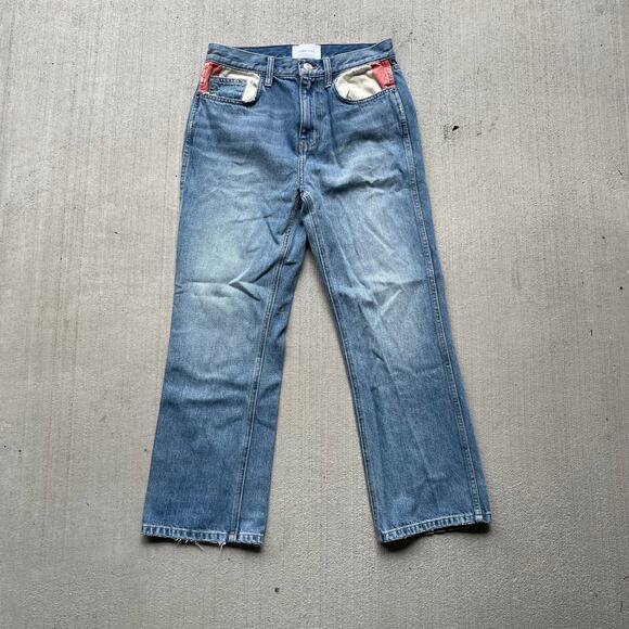 Current/Elliott high rise straight leg jeans with red and white pockets - Picture 3 of 6
